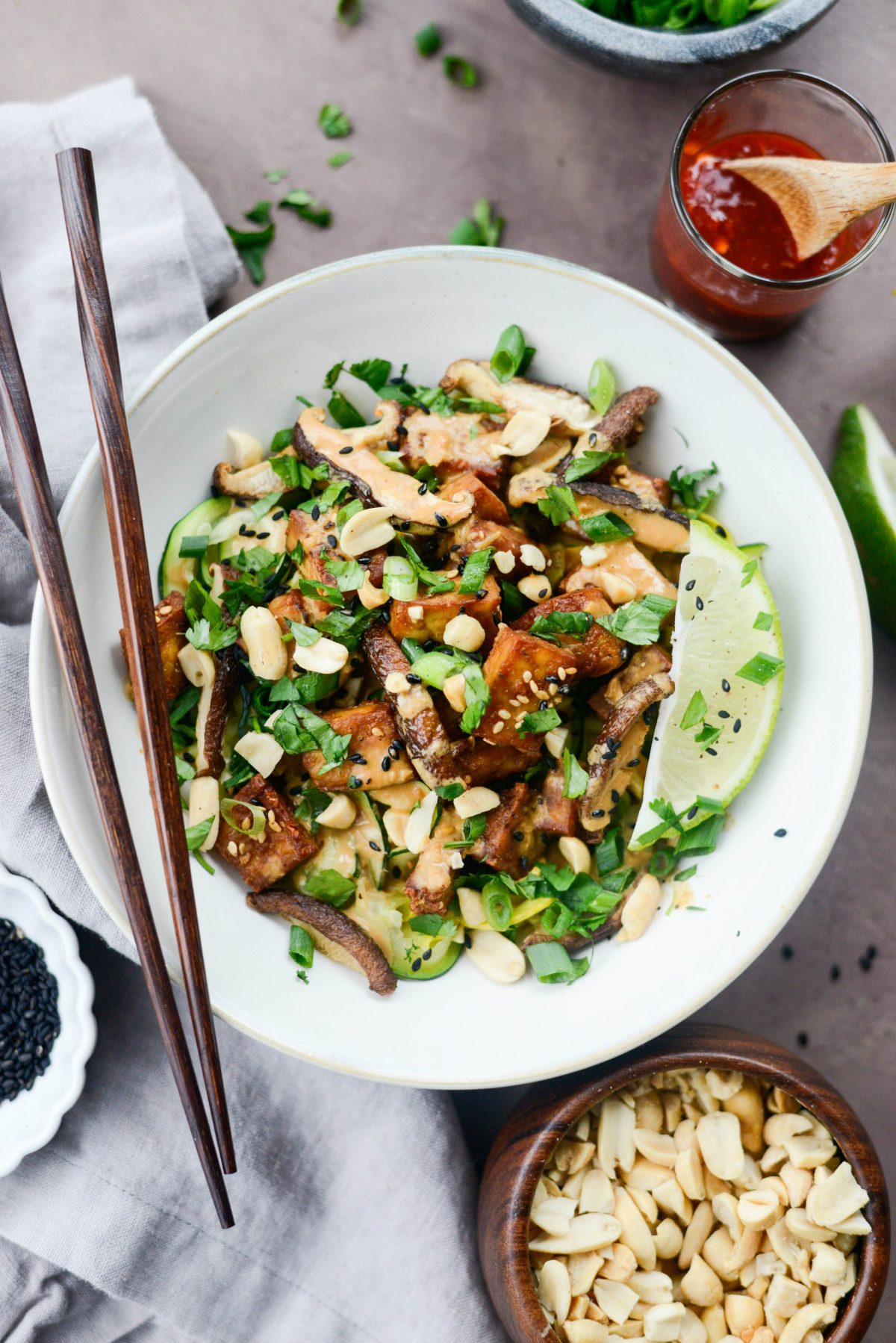 Crispy Peanut Tofu with Squash Noodles (Air Fryer)