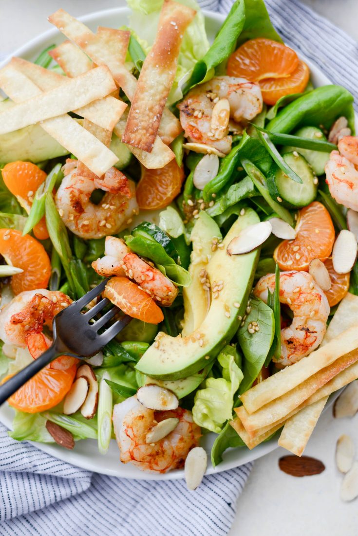 Grilled Asian Shrimp Salad with Crispy Wontons - Simply Scratch