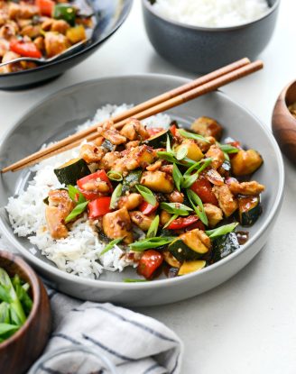 Kung Pao Chicken Stir-fry l SimplyScratch.com #kungpao #chicken #stirfry #zucchini #homemade #fromscratch #easy #healthy #rice #wok #chinese #takeout