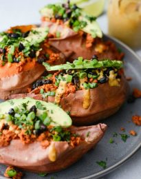 Vegetarian Chorizo Stuffed Sweet Potatoes l SimplyScratch.com #vegetarian #chorizo #sweetpotato #healthy #tahini #roasted #blackbeans #southwest #easy #recipe