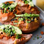 Vegetarian Chorizo Stuffed Sweet Potatoes l SimplyScratch.com #vegetarian #chorizo #sweetpotato #healthy #tahini #roasted #blackbeans #southwest #easy #recipe