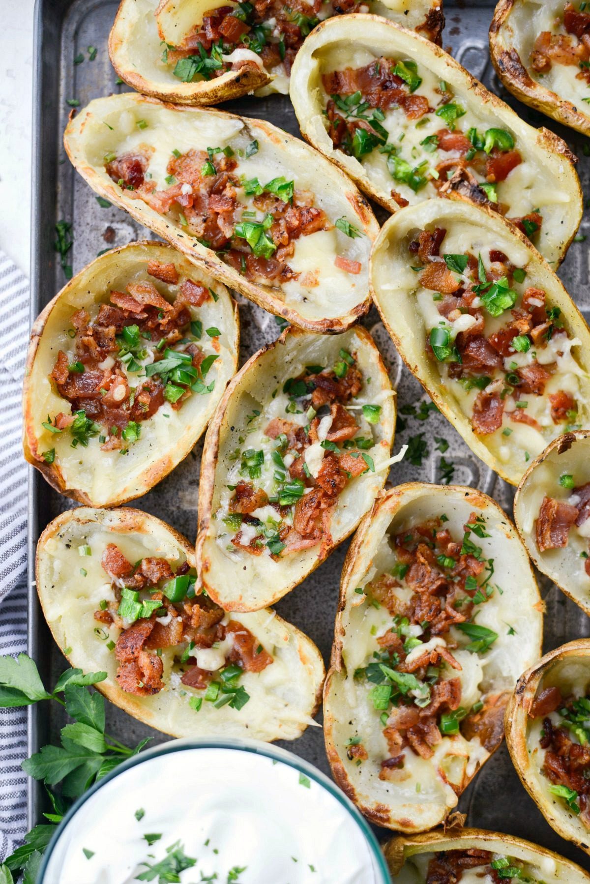 Irish Cheddar Bacon Jalapeño Potato Skins served with sour cream