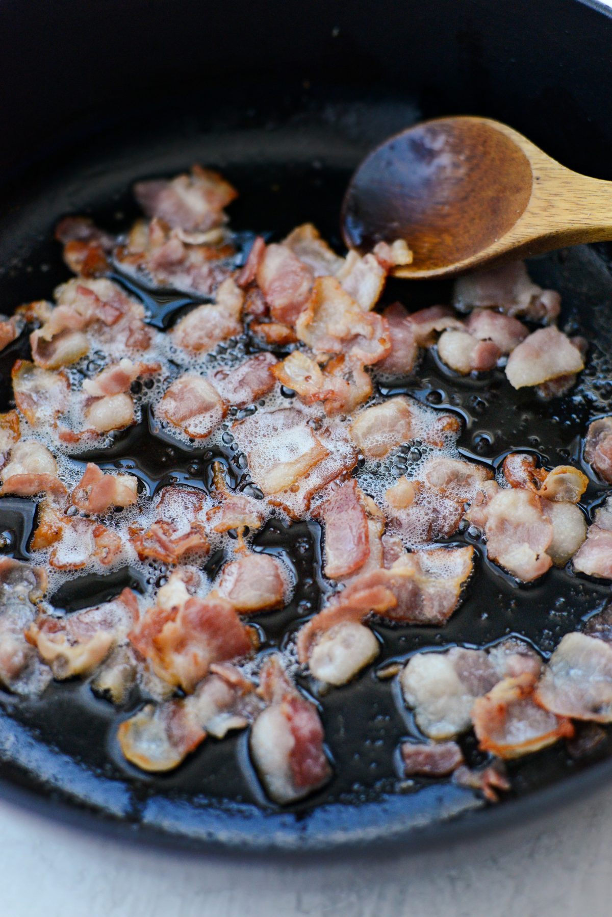 cook bacon until crispy, remove and drain on paper towel lined plate