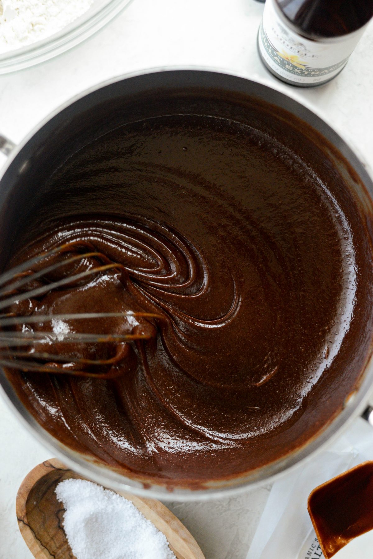 thick chocolate mixture in pan