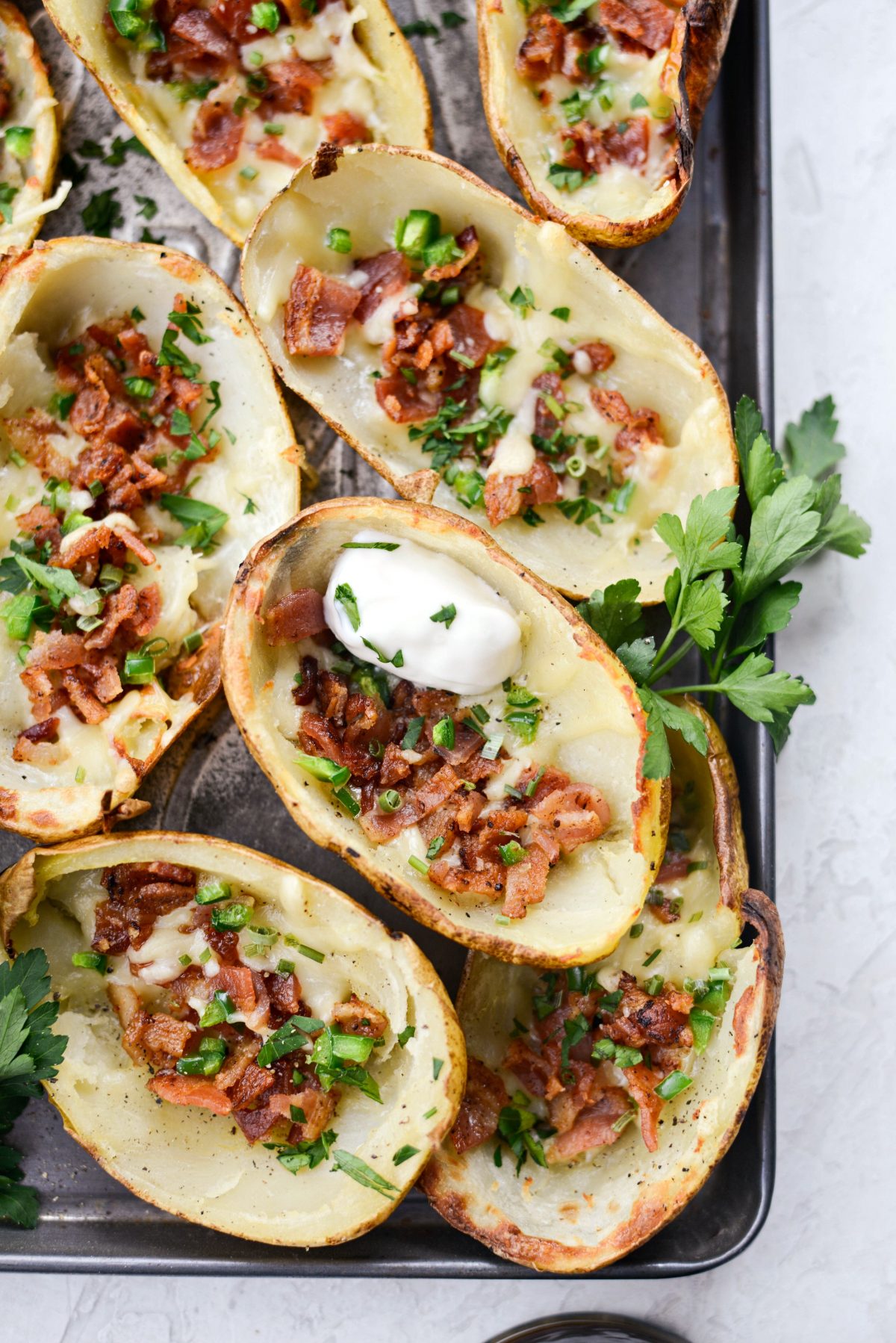 close up Irish Cheddar Bacon Jalapeño Potato Skins