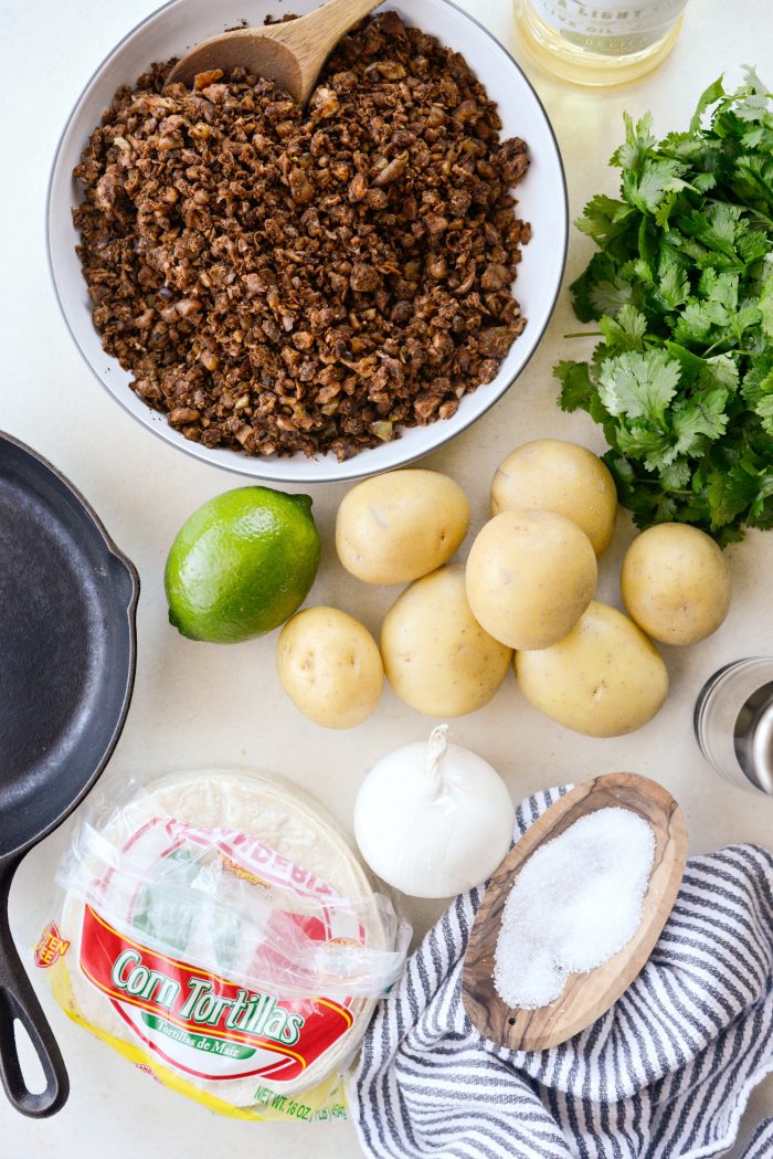 Vegan Chorizo and Crispy Potato Tacos ingredients.