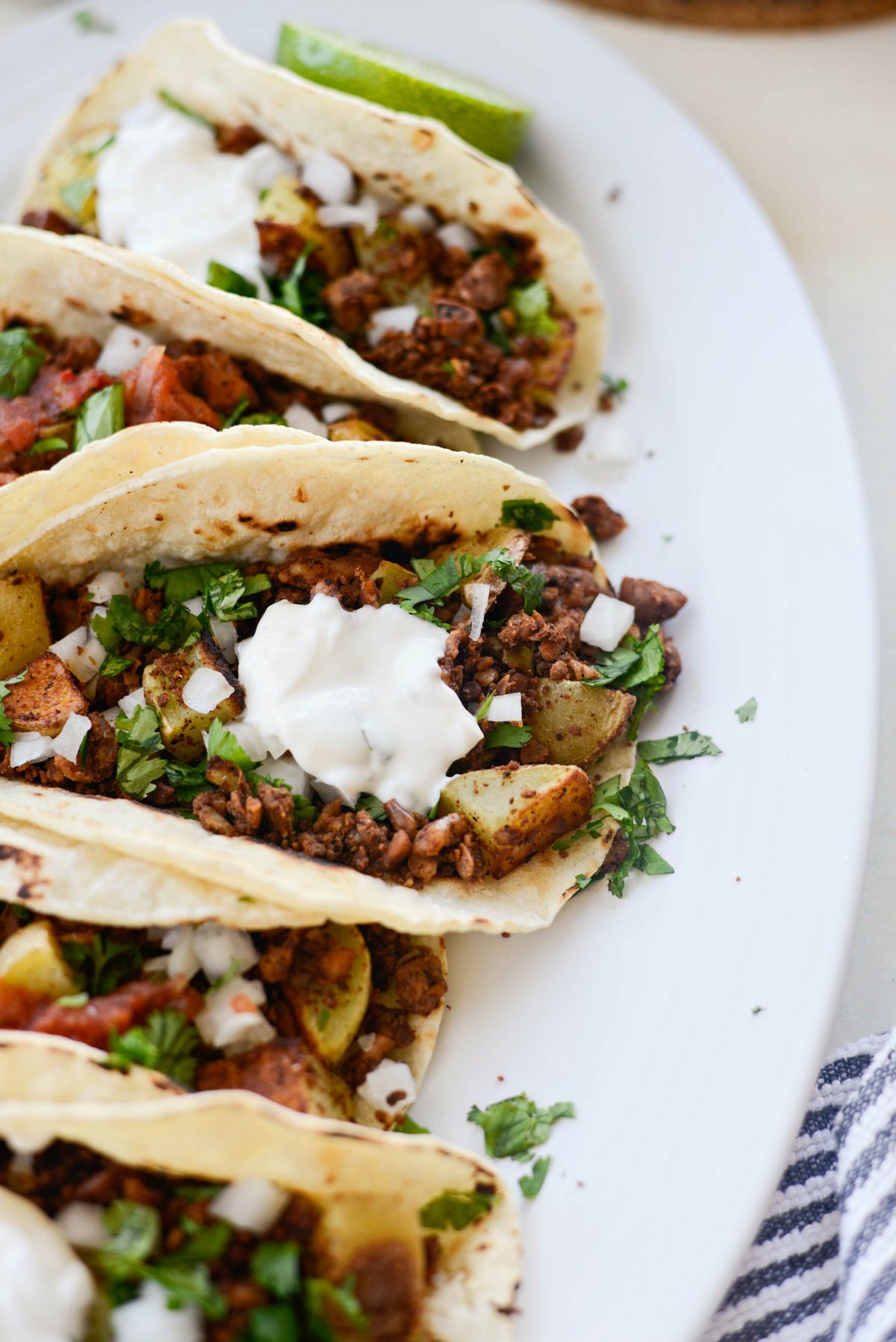 Vegan Chorizo and Crispy Potato Tacos platter.