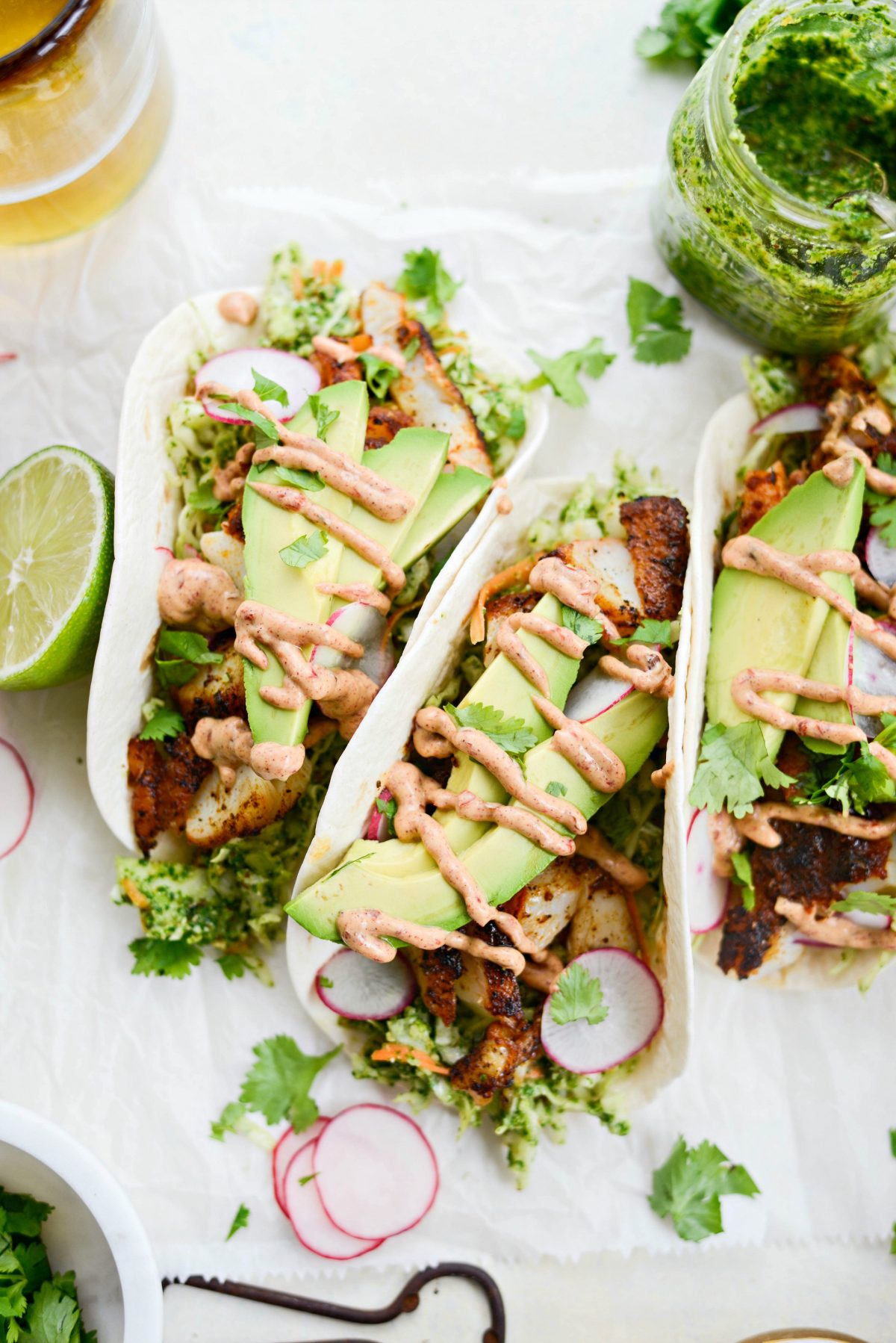 Blackened Fish Tacos with Cilantro Pesto Slaw l SimplyScratch.com #blackened #fish #tacos #cod #cilantroslaw