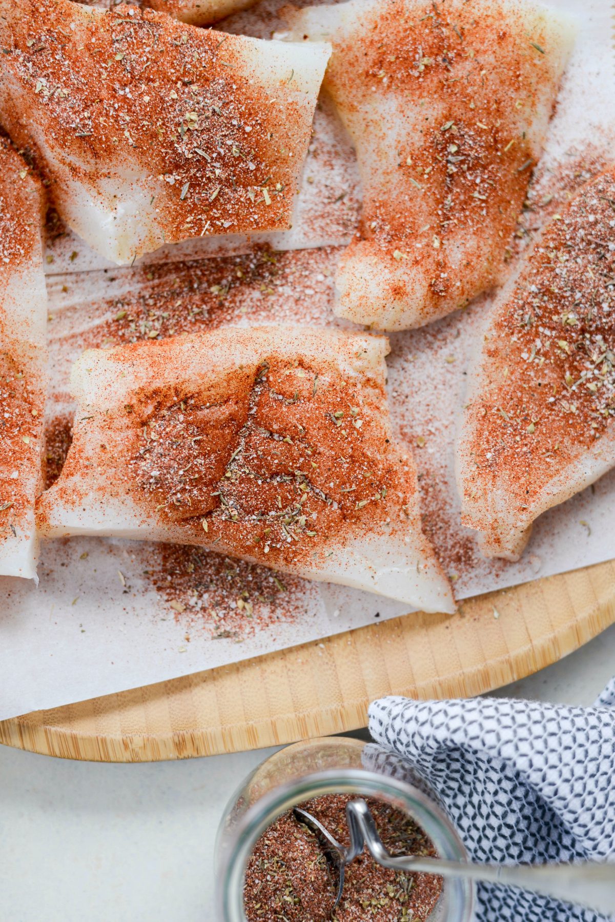 Blackened seasoned white fish.