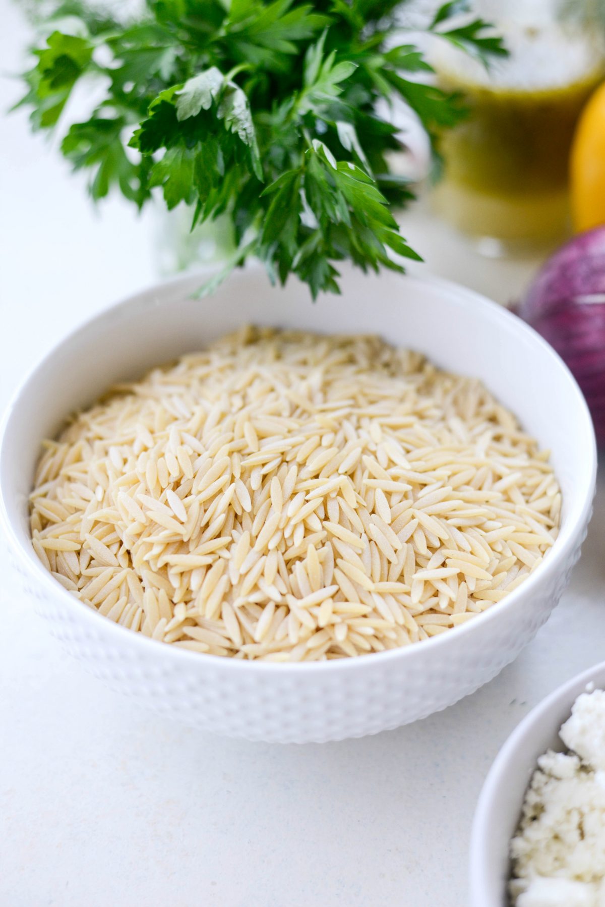 dry orzo pasta in white bowl