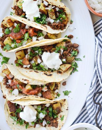 Vegan Chorizo and Crispy Potato Tacos l SimplyScratch.com close up platter