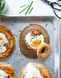 Baked Egg in a Hole Bagels l SimplyScratch.com #bagels #eggs #ham #sheetpan #mothersday #breakfast #easy #recipe