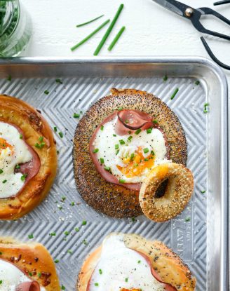 Baked Egg in a Hole Bagels l SimplyScratch.com #bagels #eggs #ham #sheetpan #mothersday #breakfast #easy #recipe