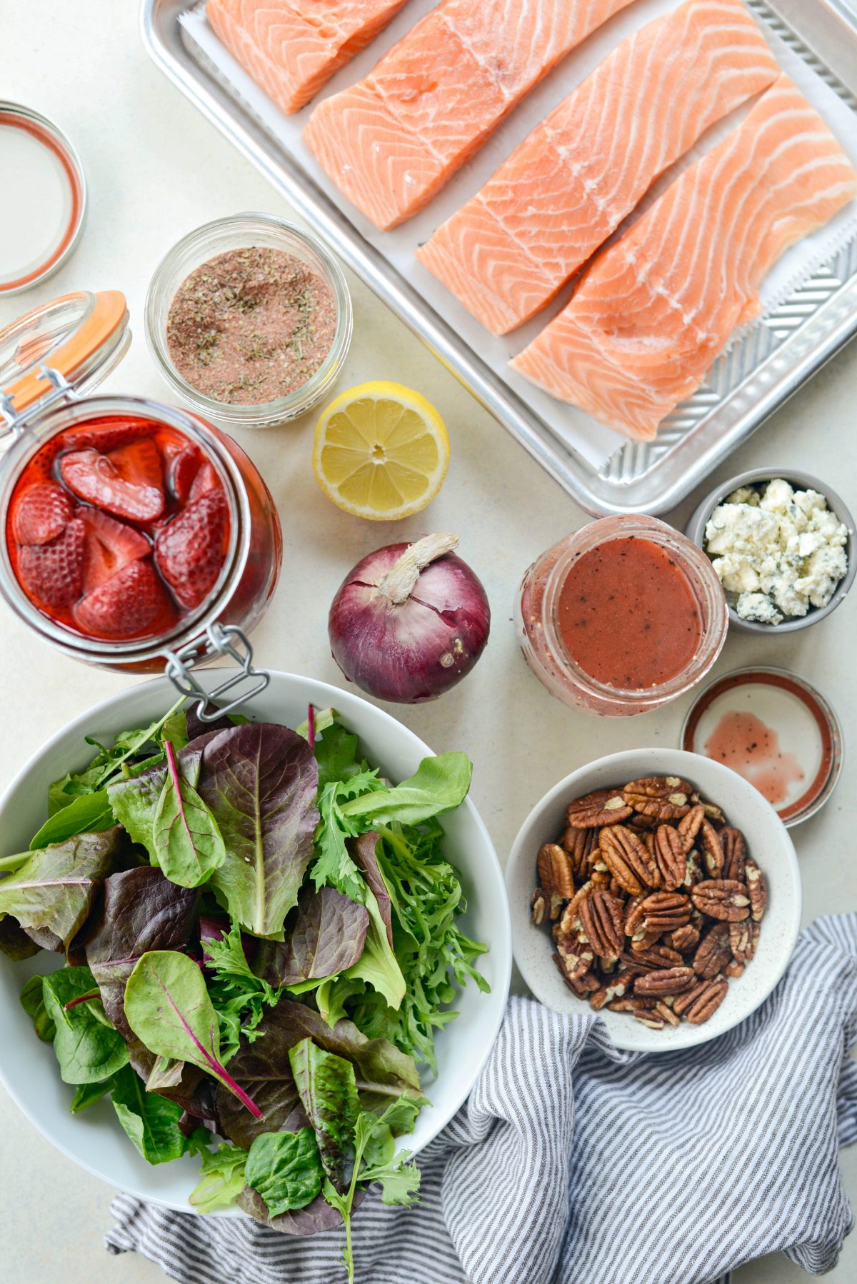 ingredients for Blackened Salmon Salad with Strawberry Peppercorn Vinaigrette