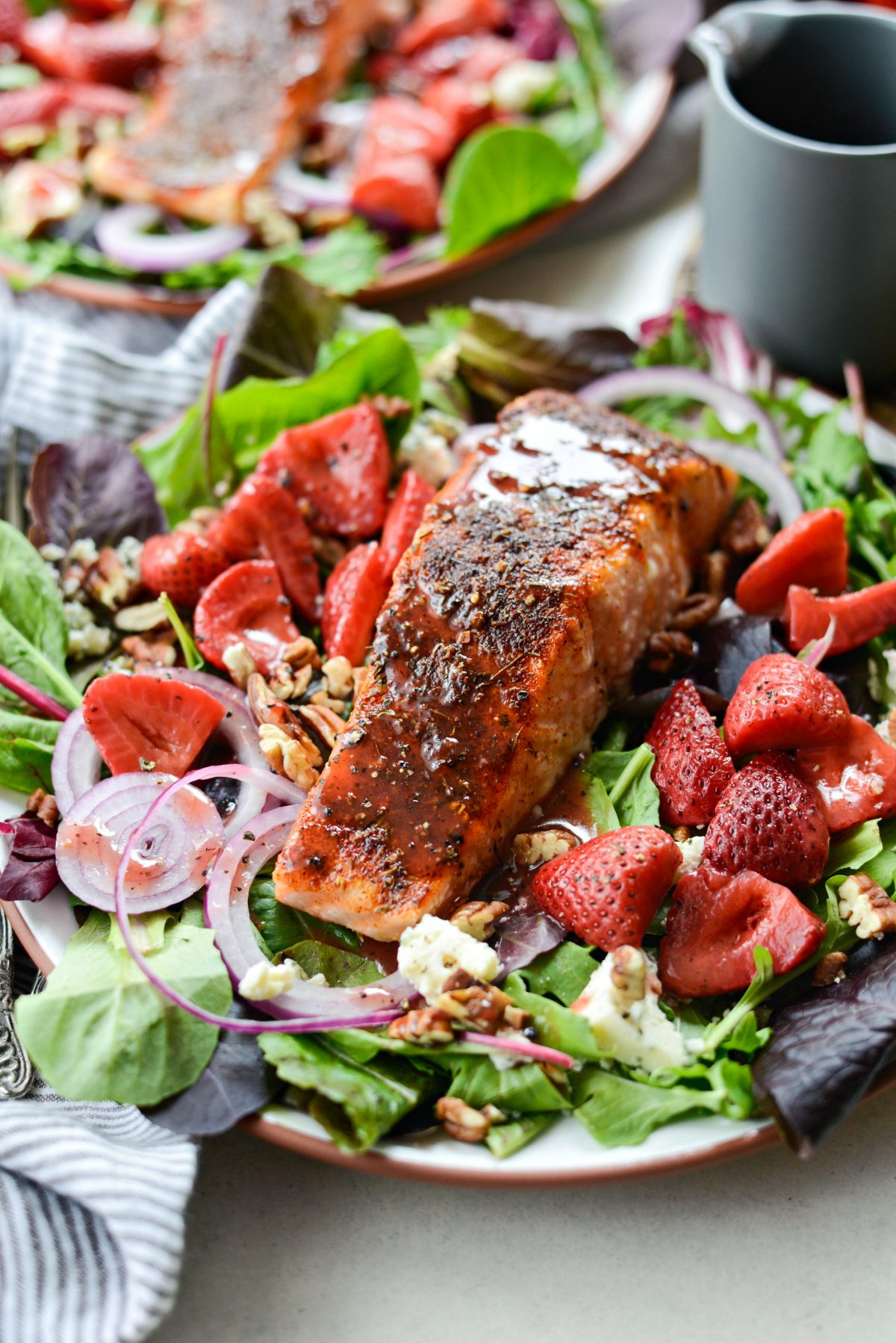 Blackened Salmon Salad with Strawberry Peppercorn Vinaigrette