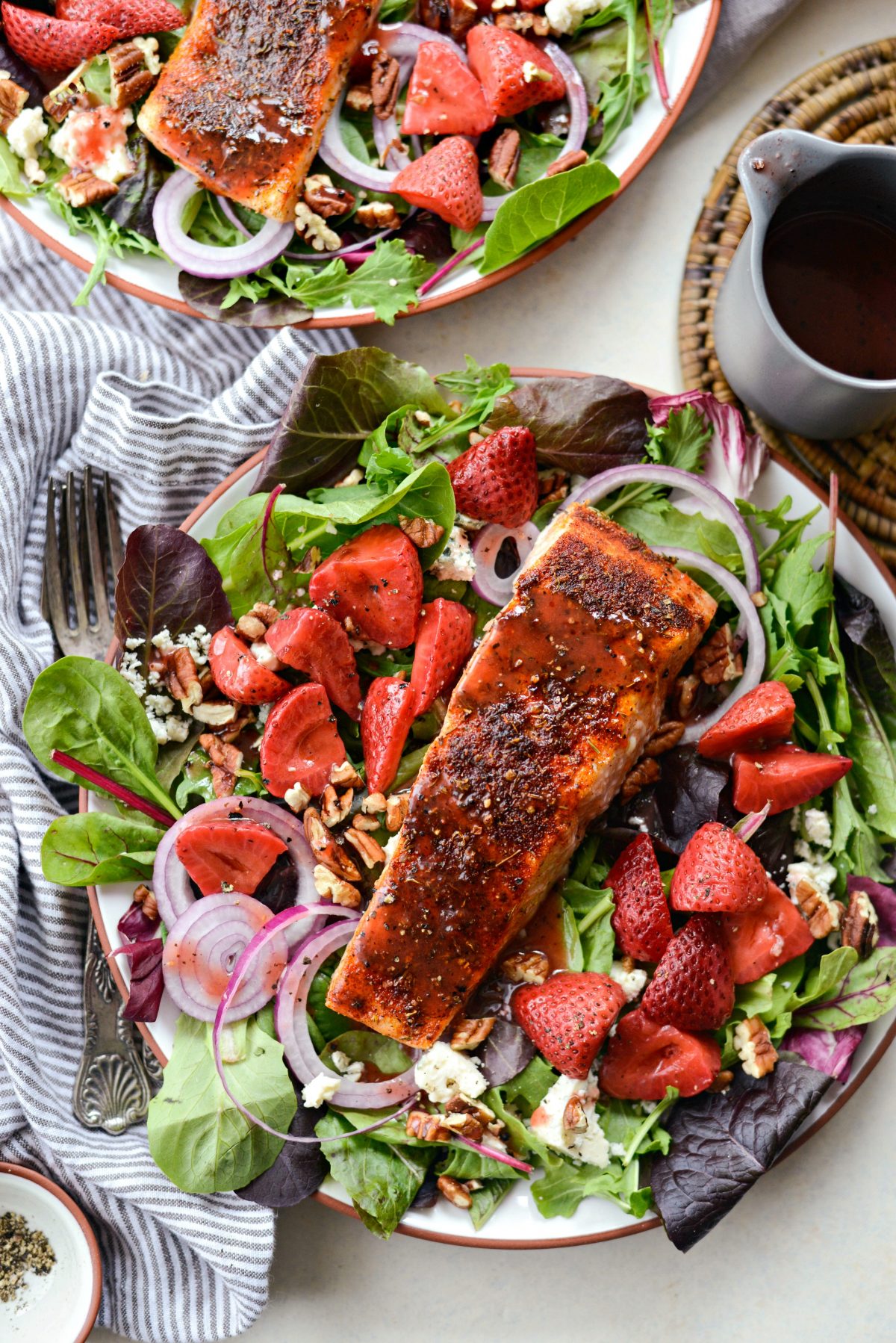 Blackened Salmon Salad with Strawberry Peppercorn Vinaigrette