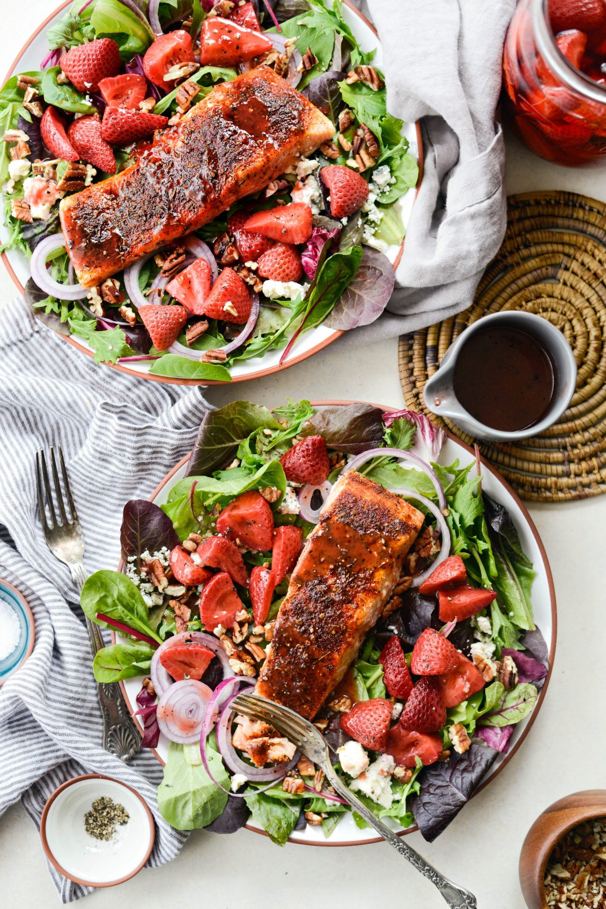 Blackened Salmon Salad with Strawberry Peppercorn Vinaigrette