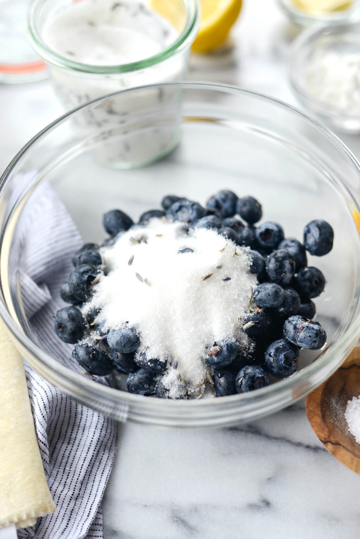 lavender sugar, lemon juice, salt, cornstarch and blueberries