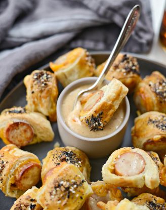 Pigs in a Blanket with Jalapeño Mustard Dip l SimplyScratch.com #smokedsausage #kalache #appetizer #snack