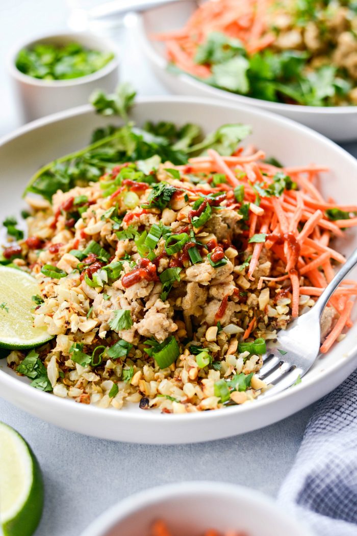 Quick Thai Chicken Cauliflower Rice Bowl l SimplyScratch.com #chicken #cauliflower #rice #quick #easy #healthy #fast #recipe