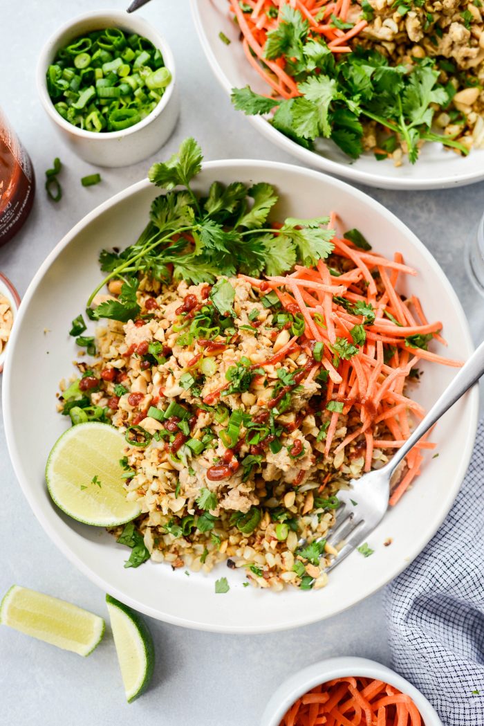 Quick Thai Chicken Cauliflower Rice Bowl l SimplyScratch.com #chicken #cauliflower #rice #quick #easy #healthy #fast #recipe