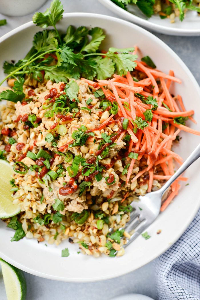 Quick Thai Chicken Cauliflower Rice Bowl l SimplyScratch.com #chicken #cauliflower #rice #quick #easy #healthy #fast #recipe