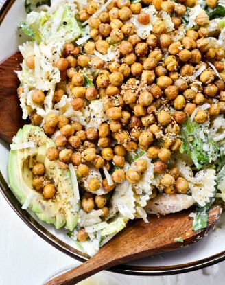 Chicken Caesar Pasta Salad l SimplyScratch.com #chicken #caesar #pastasalad #recipe #avocado #roastedchickpeas