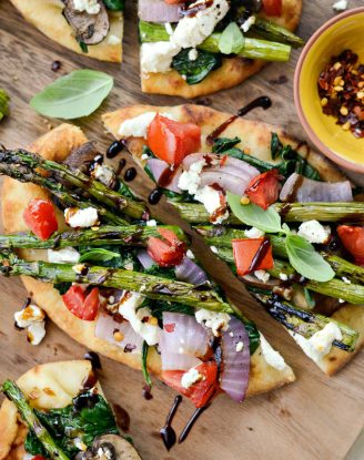 Vegetable and Goat Cheese Flatbread l SimplyScratch.com #grilling #grillingrecipe #vegetable #flatbread #asparagus #goatcheese #easyrecipe