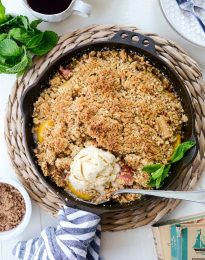 Skillet Peach Rhubarb Crisp l SimplyScratch.com #skillet #peach #rhubarb #crisp #dessert #summer #easy #recipe