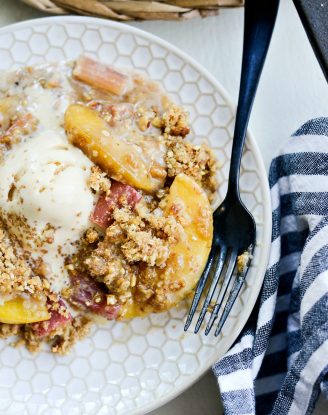 Skillet Peach Rhubarb Crisp l SimplyScratch.com #skillet #peach #rhubarb #crisp #dessert #summer #easy #recipe