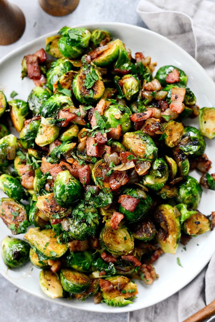 Caramelized Balsamic Glazed Brussels Sprouts on white platter