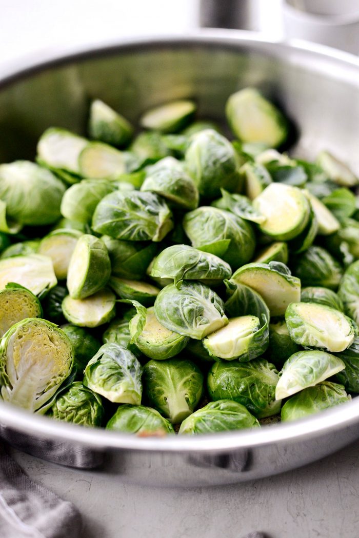 Brussels sprouts in pan.