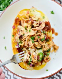 Chicken Bacon Jalapeño Spaghetti Squash l SimplyScratch.com #healthy #chicken #bbqsauce #bacon #jalapeno #stuffed #spaghettisquash #ww #simplyscratch