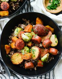 Smoked Sausage and Vegetable Sheet Pan Dinner l SimplyScratch.com #easy #sausage #vegetables #sheetpan #dinner #recipe #simplyscratch #butternutsquash #brusselssprouts