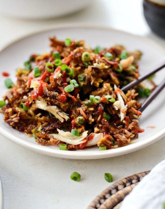 Sheet Pan Chicken Fried Rice l SimplyScratch.com #chicken #friedrice #sheetpan #sheetpandinners #leftovers #rice #easy