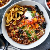 Slow Cooker Taco Chili l SimplyScratch.com #slowcooker #taco #chili #gameday #chilirecipe #tacochili #homemadechili