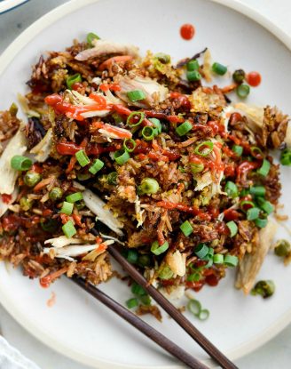 Sheet Pan Chicken Fried Rice l SimplyScratch.com #chicken #friedrice #sheetpan #sheetpandinners #leftovers #rice #easy