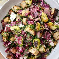 Corned Beef and Rye Panzanella l SimplyScratch.com #leftover #cornedbeef #ryebread #panzanella #brusselssprouts #salad #breadsalad #radicchio