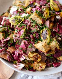 Corned Beef and Rye Panzanella l SimplyScratch.com #leftover #cornedbeef #ryebread #panzanella #brusselssprouts #salad #breadsalad #radicchio