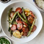 Honey Barbecue Sausage Sheet Pan Dinner l SimplyScratch.com #kielbasa #turkey #sausage #sheetpan #dinner #meal #easy #recipes #greenbeans #potatoes #honey #barbecue