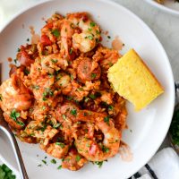 One Pot Jambalaya Recipe l SimplyScratch.com #skillet #shrimp #andouille #rice #creole #chicken #homemade