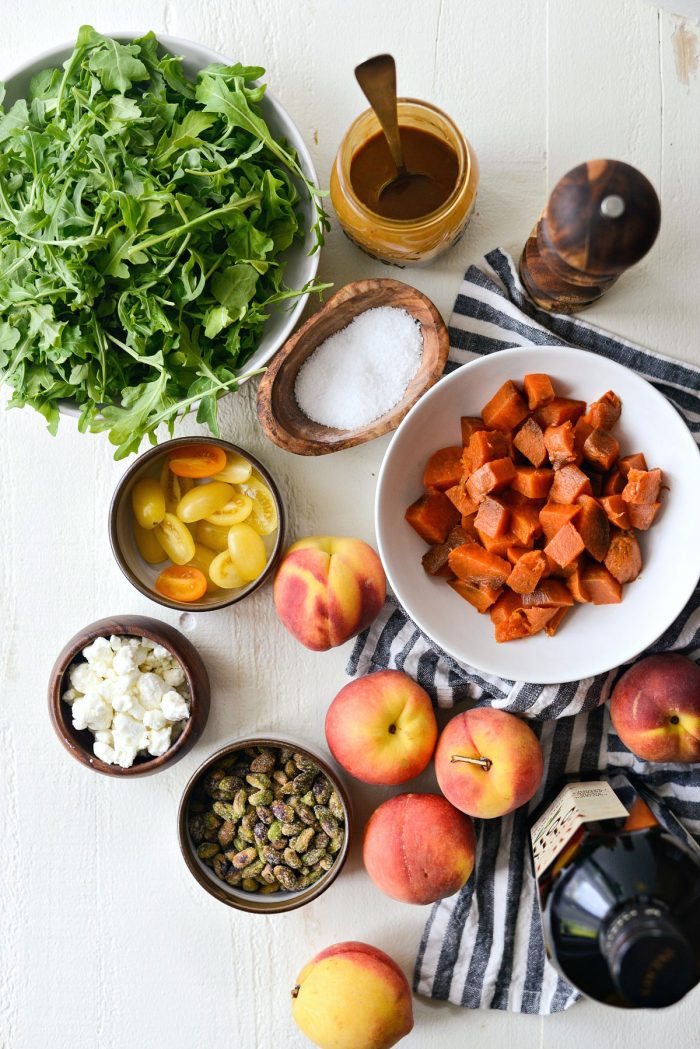 Grilled Peach Sweet Potato Arugula Salad ingredients