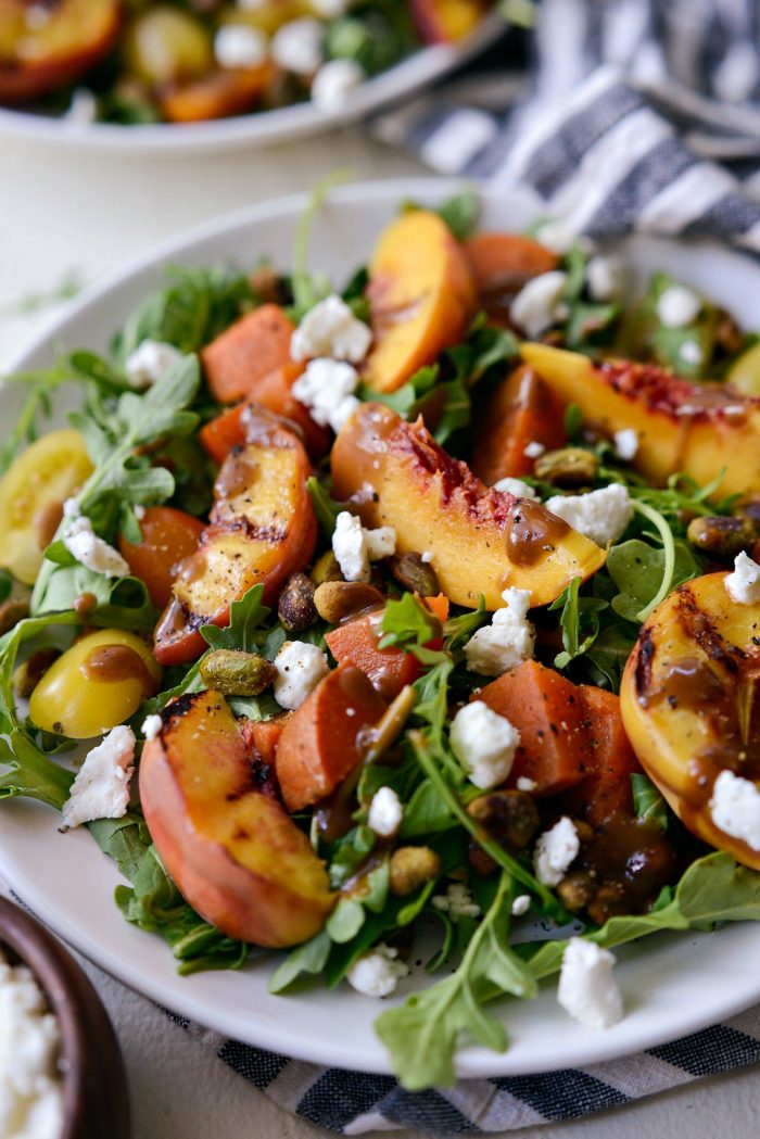 Grilled Peach and Sweet Potato Arugula Salad - Simply Scratch