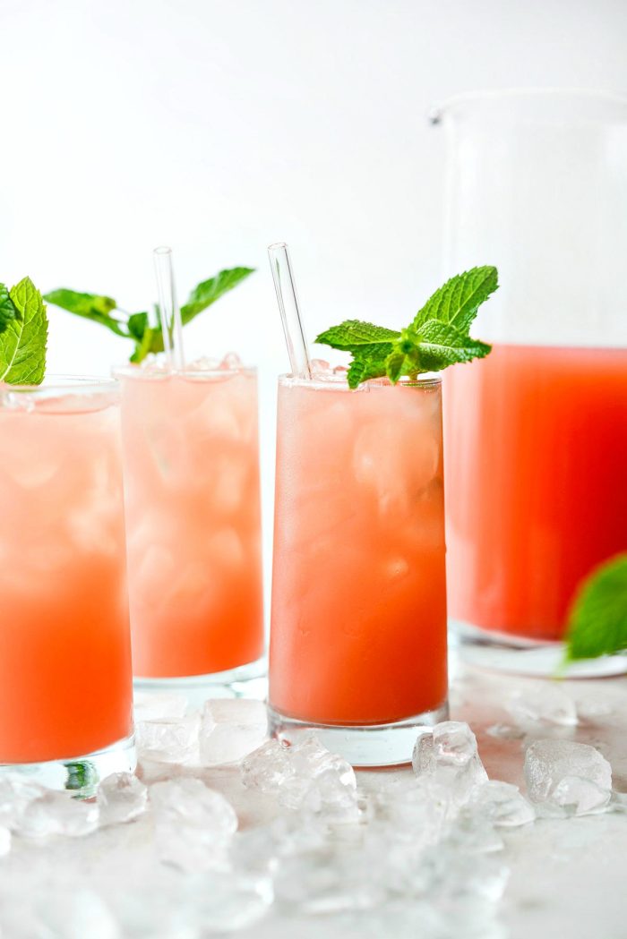 Fresh mint in glass of watermelon lemonade.