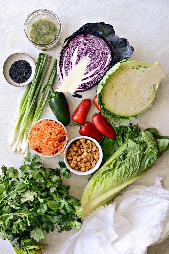 ingredients for Asian Cabbage Slaw with Basil Ginger Dressing