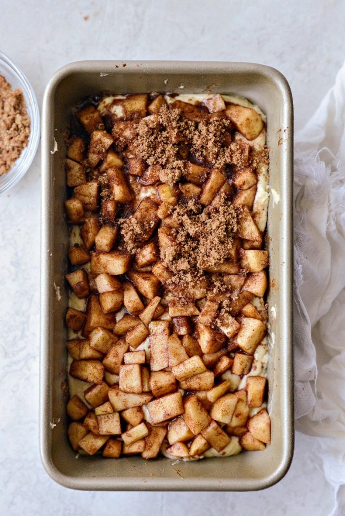 add the last of the batter, apples and brown sugar cinnamon