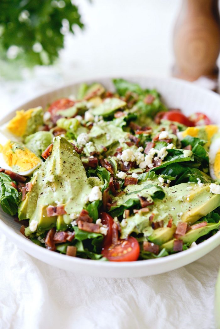 creamy greek yogurt Green Goddess salad dressing on cobb salad