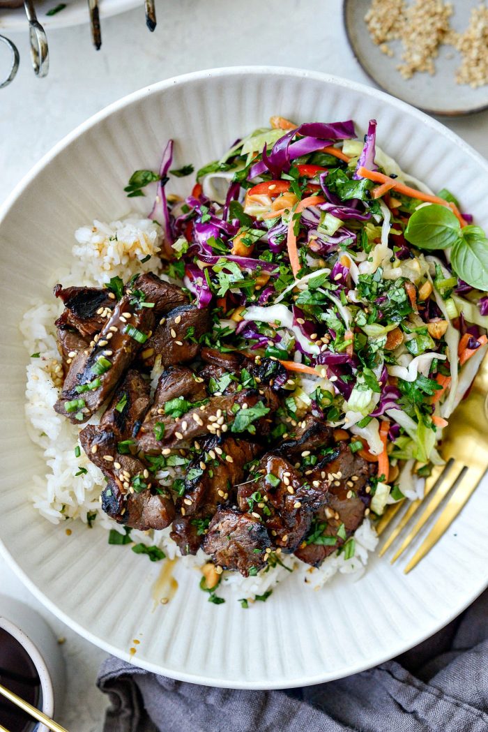 Grilled Marinated Venison Backstrap with rice and asian cabbage slaw
