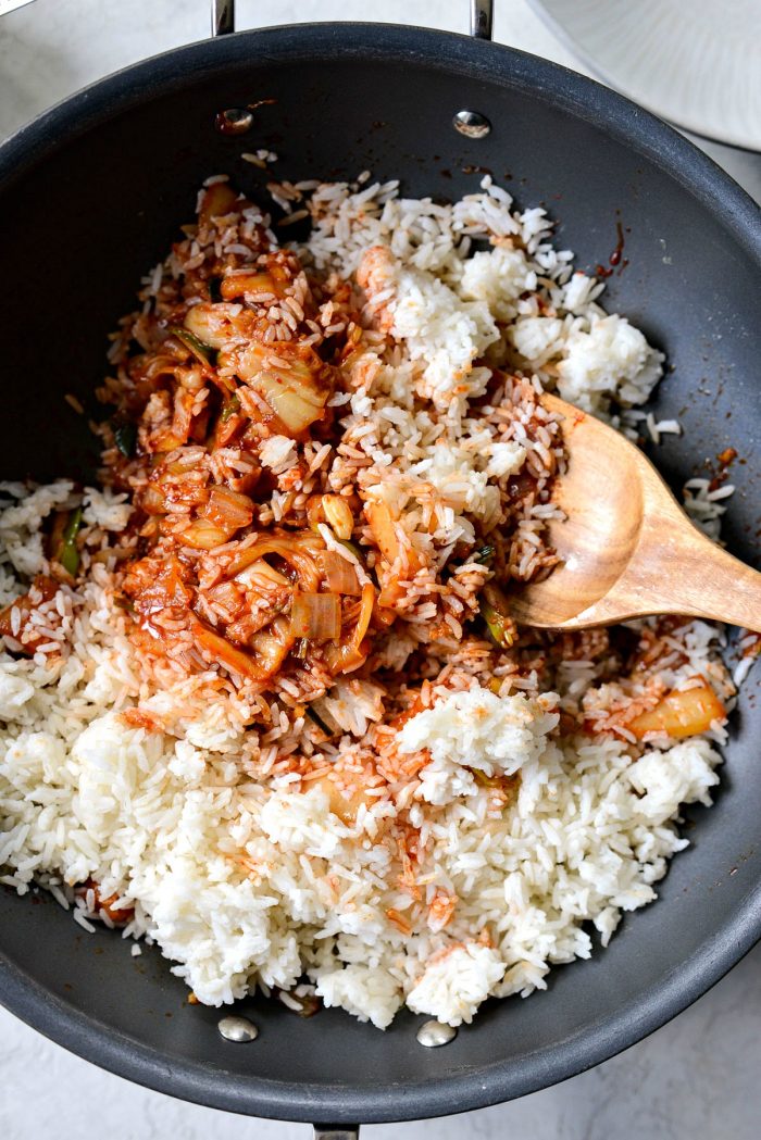 toss the rice with kimchi stir fry