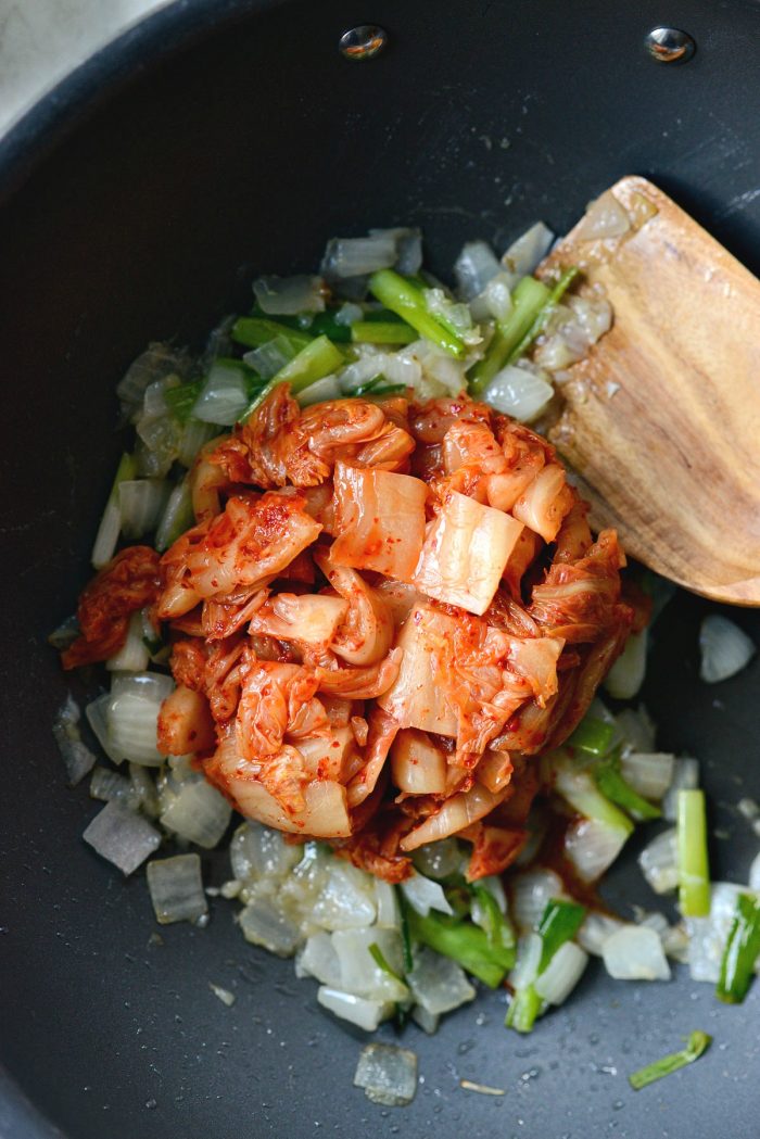 kimchi in wok with veggies